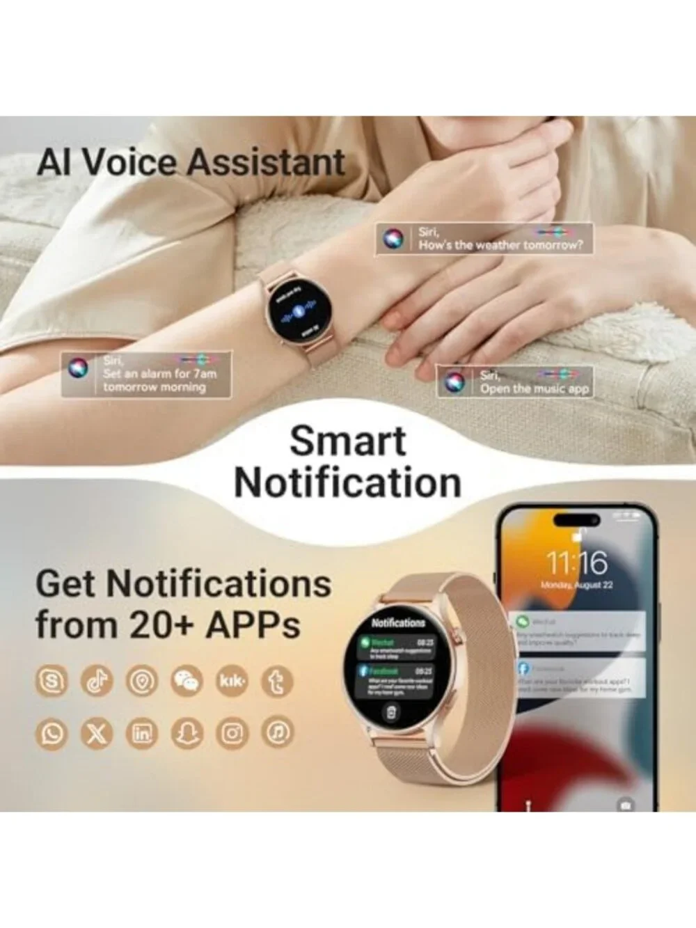 Stylish Smart Watch for Women, Compatible with Android & iPhone, Bronze Color